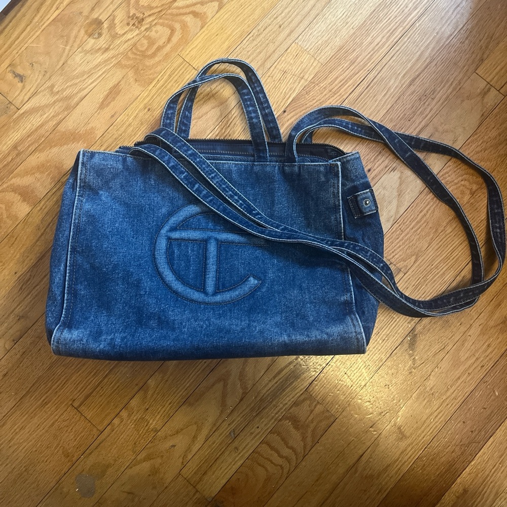 Denim Tote Bag with Embroidered Logo - Blue